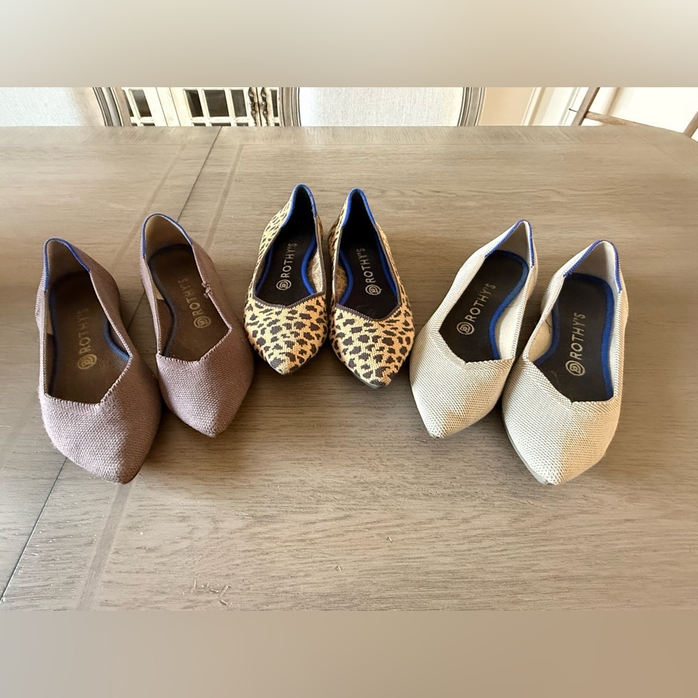 BUNDLE Rothy's Pointed Flats in Leopard, dark grey & light Grey, size 8